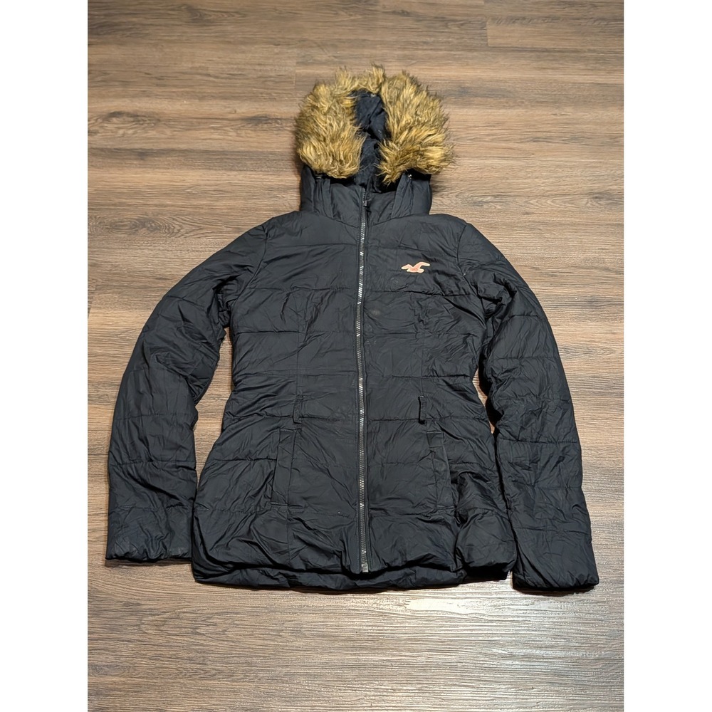 Hollister Womens Black Faux Fur Hood Puffer Jacket XS Full Zip Embroidered Logo